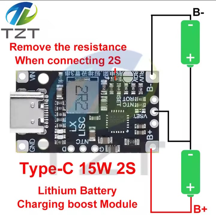 TZT Type-C 15W 2S Lithium Battery Charging Boost Module | 2-Cell Series Fast Charger