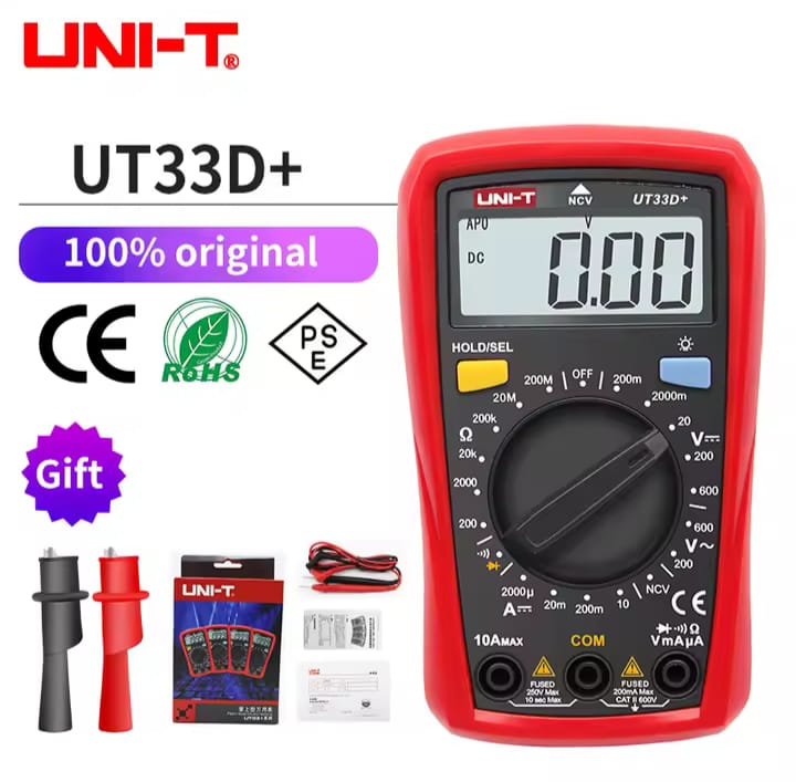 UNI-T UT33D+ Digital Multimeter | AC/DC Voltage Current Resistance Meter with Test Leads