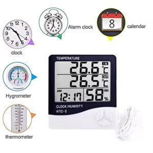 HTC-2 Digital Clock Alarm & Hygrometer Thermometer | LCD Temperature Humidity Monitor with Wired Sensor